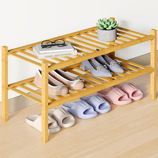 Smiry Bamboo Shoe Rack for Closet, 2 Tier Wooden Stackable Shoe Organizer, Free Standing Shoes Storage Shelf for Entryway, Front Door Entrance, Natural