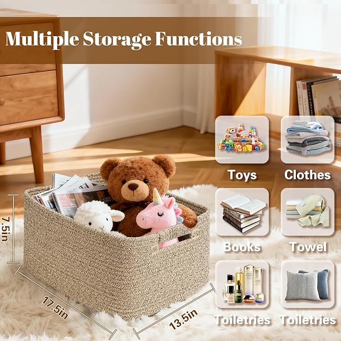 2 Pack Large Storage Basket for Organizing, 17"x12"x7.5" Woven Basket for Shelves, Closet Cube Storage Bins with Wrapped Handle, Cotton Rope Baskets for Kitchen, Clothes, Toys (Natural)