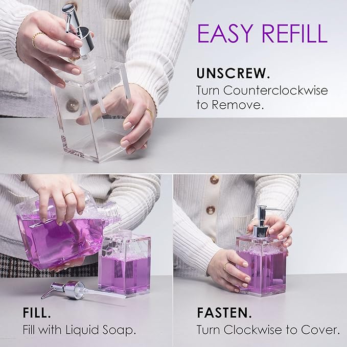 Clear Acrylic Reusable Kitchen & Bathroom Hand Sanitizer Dispenser with Rust Proof Stainless Steel Pump, Square Soap Dispenser Set | 12 oz, 2 Pack
