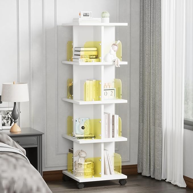 VECELO 4 Tier Rotating Bookshelf, 360Â°Corner Display Shelf with Wheels, Book Storage with Acrylic Windows, Wood Narrow Book Shelf Organizer for Small Space, Bedroom, White