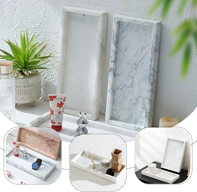 Natural Marble Tray, Stone Tray for Bedroom/Bathroom/Kitchen/Vanity Countertop, Jewelry Tray for Rings Earrings Necklace Bracelet Watch, Room Decor Aesthetic