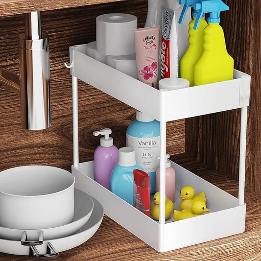 Under Sink Organizer, Under Bathroom Sink Storage 2 Tier Organizer Bath Collection Baskets with Hooks, Under Sink Shelf Organizer Rack, Multi-purpose Under Sink Storage for Bathroom Kitch(Color:White)