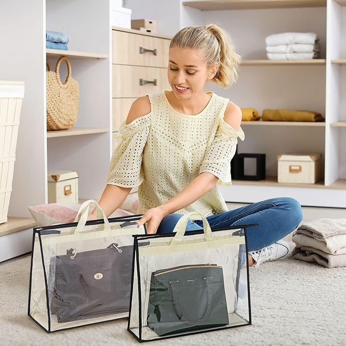 Interesse 12 Packs Dust Bags for Handbags, Clear Handbag Storage, Purse Storage Organizer for Closet, Purse Cover Hanging Closet Organizer with Zipper and Handles