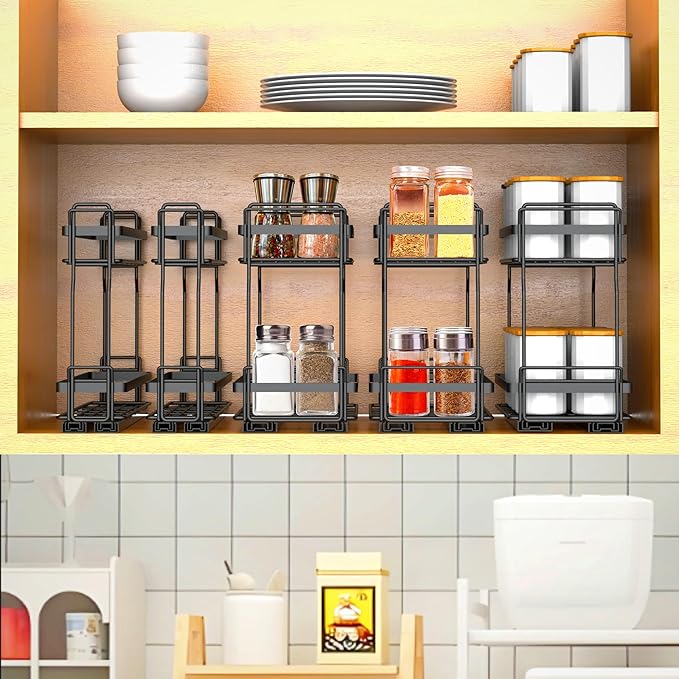 Pull Out Spice Rack Organizer for Inside Kitchen Cabinets, Heavy Duty Slide Out Seasoning Kitchen Organizer, 2 Tier Vertical Sliding Seasoning Organizer, 10.5" D x 5.1" W x 9.6" H