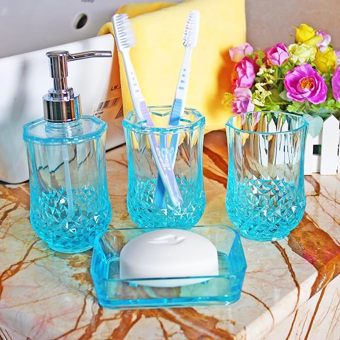 Bathroom Accessories Set of Acrylic Plastic soap Dispenser, Toothbrush Holder, Toothbrush Cup, soap Dish, Blue Bathroom Accessories 4pcs Set (Blue)