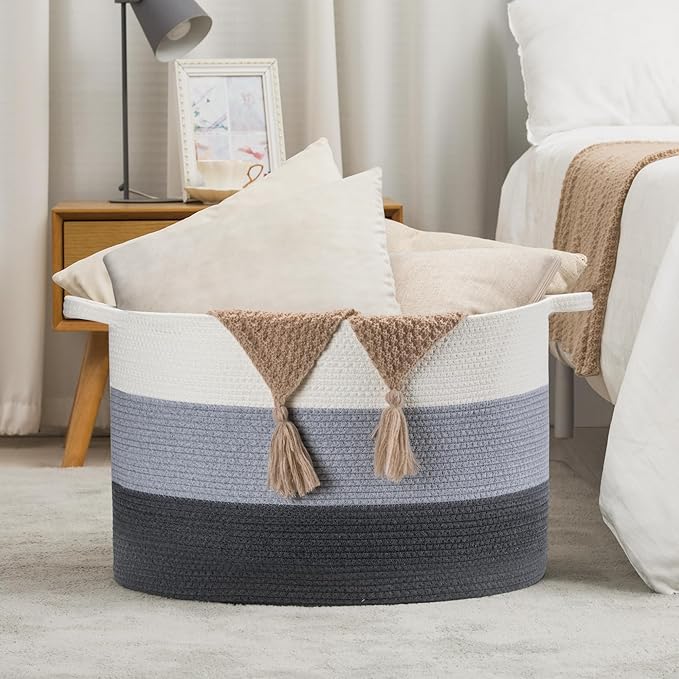 XXXLarge Woven Cotton Rope Basket (21.7" x 13.8") 90L – Blanket Basket for Living Room, Laundry Hamper, Baby Laundry Hamper, Toy Storage, Pillows & Cushions Organizer (White & Blue)