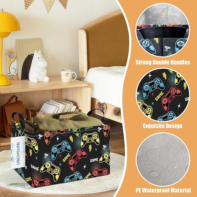 LANGYASHAN Rectangular Storage Bin Collapse Canvas Fabric Cartoon Storage Basket with Handles for Organizing Home Kitchen Boys and Girls Toys Office Closet Shelf Baskets (Rec Game)