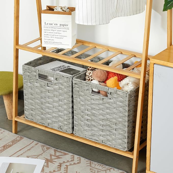 DULLEMELO Wicker Baskets With Liner Set of 4, 11x11x11 Inch Collapsible Storage Bins, Decorative Organizing Baskets, Light Grey