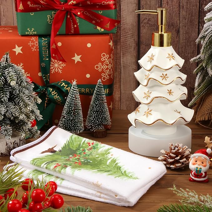 Christmas Soap Dispenser and Towel Set Tree Hand Soap Dispenser with 2 Hand Towels Refillable Lotion Essential Oil Dispensers with Pump for Christmas Bathroom Kitchen