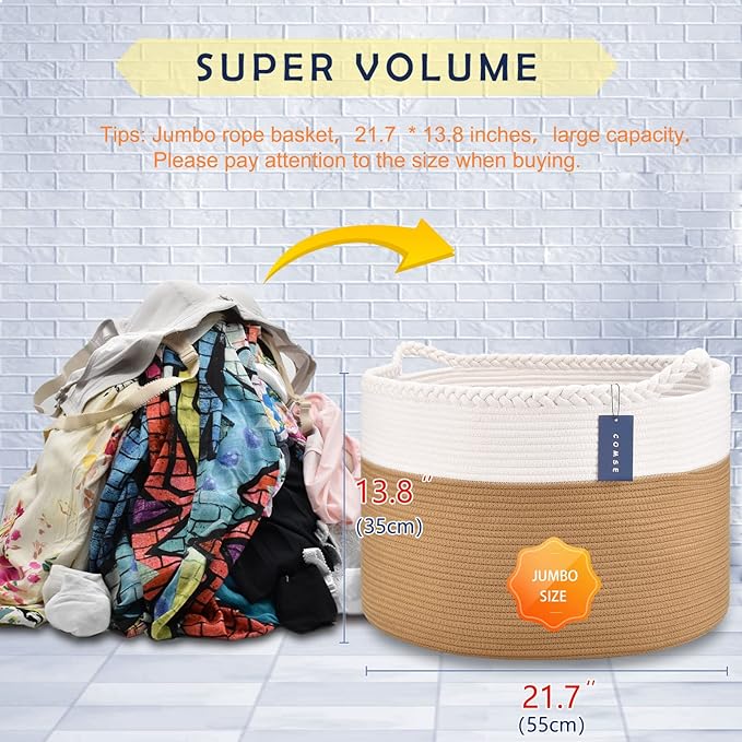 COMSE Extra Large Blanket Basket, Woven Laundry Basket, 21.7âx 13.8â, Nursery Hamper, Cotton Rope Laundry Hamper Living Room for Storage Toys Clothes Towels(White & Camel)