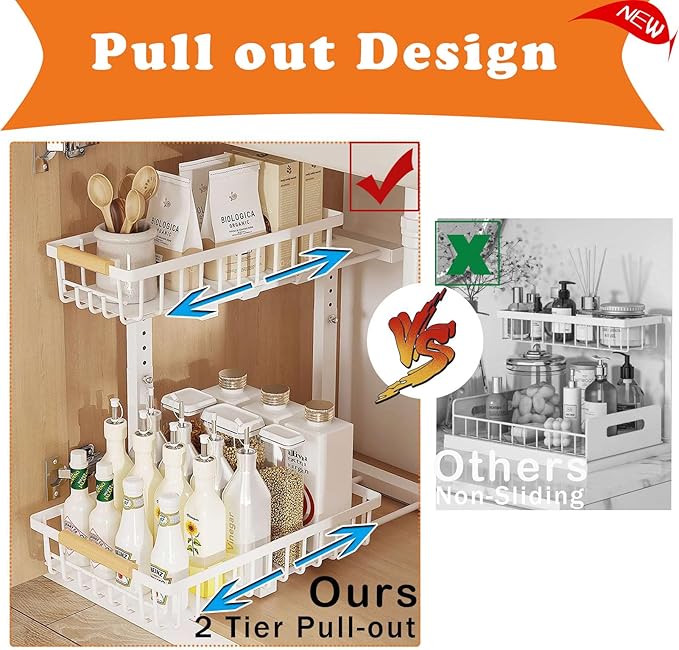 2 Pack Under Sink Organizer Cabinet for Kitchen Bathroom, 2 Tier Metal Slide Out Under Sink Drawers, Adjustable Height, Under Sink Pull Out Organizers and Storage, White,13.7" H-17 H