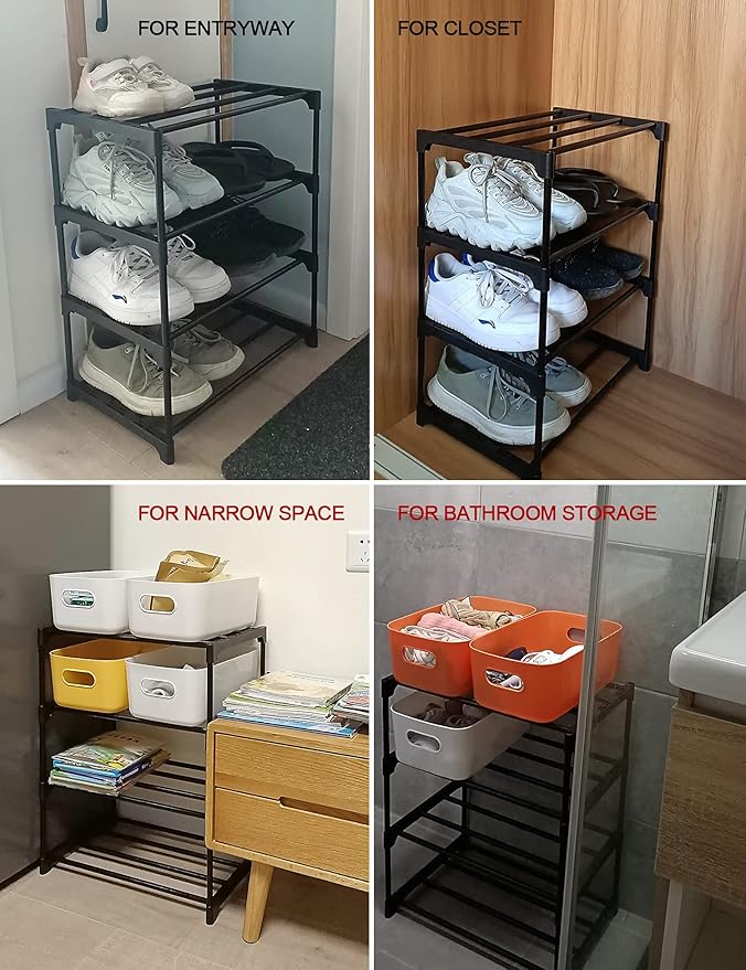 LNYZQUS Upgrade 4 Tier Small Shoe Rack, Kids Show Rack Closet Shoe Organizer,Compact Stackable Shoe Shelf Shoe Stand Floor Shoe Rack for Narrow Space,Zapateras Organizer for Shoes (Blue)