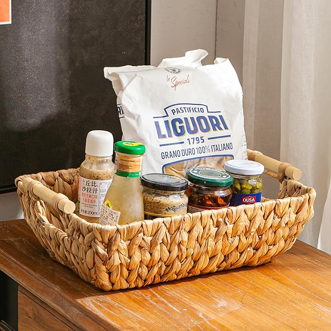 Woven Storage Baskets â Set of 2 Handwoven Water Hyacinth Wicker Baskets with Wooden Handles for Organizing, Decorative Baskets for Laundry Room, Home Decor - 2 Medium