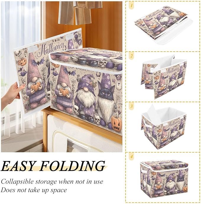 Halloween Gnomes Cat Bat Beige Collapsible Storage Bins with Lids Decorative Fabric Cubes Closet Organizer Basket Boxes Containers for Clothes Box Chest Nursery F