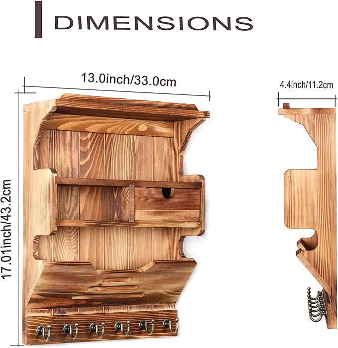 Key Holder for Wall, Elegant Wall-Mounted Mail Organizer with Storage Drawers, Brown