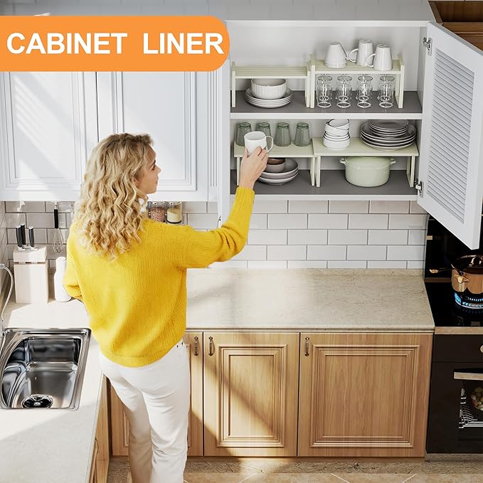 FLPMIX Shelf Liners for Kitchen Cabinets: 16" x 25' Clear Waterproof Drawer Mat - Translucent Grey Non-Adhesive Easy to Cut Refrigerator Liner for Pantry Shelving