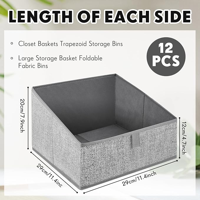 12 Pcs Closet Baskets Trapezoid Storage Bins Closet Storage Bins Foldable Fabric Bins Closet Shelf Organizer Bins Storage Box for Clothes Books Baby Toiletry Dvd Toys Towel, 11.4 x 11.4 x 7.9 Inch