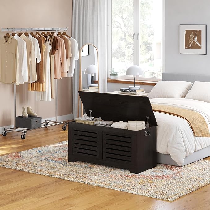 DINZI LVJ Storage Chest, 39.4âWooden Toy Box with 2 Safety Hinges, Retro Entryway Shoe Storage Bench with Flip-Top, Sturdy Large Storage Trunk for Living Room, Bedroom, Easy Assembly, Espresso
