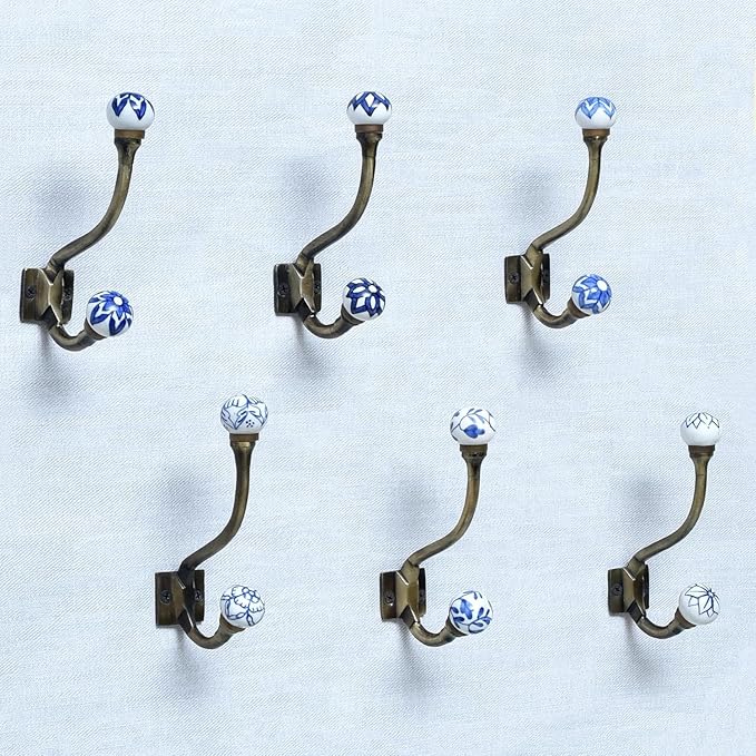 Indian Shelf Pack of 12 Heavy Duty Decorative Double Hooks for Hanging Blue White Unique Coat Hooks Vintage Coat Rack Wall Mount Double Prong Wall Hooks Towel Holder Backpack Purse Hanger- Style 17