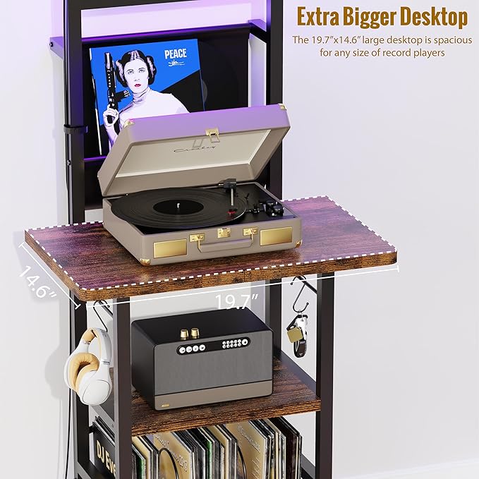 Record Player Stand with Led Light,Record Player Table with Vinyl Storage,Turntable Stand with Record Holder Vinyls Display Shelf for Music Room Studio,Brown