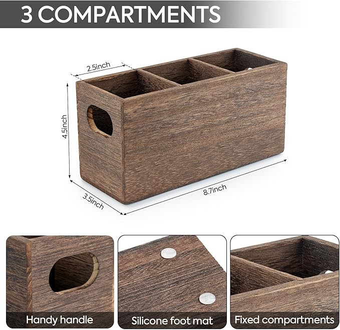 Wooden Silverware Holder, Kitchen Utensil Caddy with 3 Compartments, Cutlery Storage Organizer Countertop, Flatware Organizer for Party, Spoon, Fork Holder