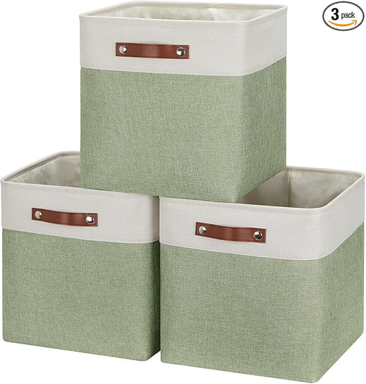 HNZIGE Foldable Storage Cubes & Baskets (3 Pack) - 13 Inch Storage Bin with Leather Handles for Toys, Clothes, Kids (White & Green)