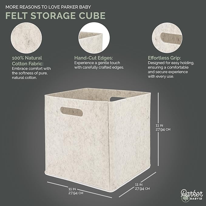 Parker Baby Felt Foldable Storage Cube Bin - 11 Inch Nursery Cubby Storage Bin Cubes for Cube Organizer, Closet Organizers and Storage Toy Bin, Rope Baskets Bins for Toyâs Storage - White