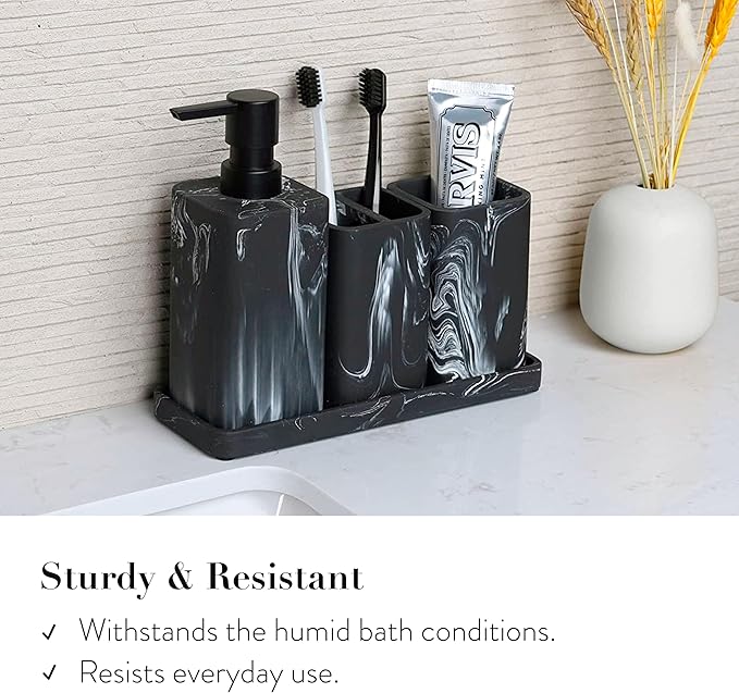 ZCCZ Bathroom Accessories Set, 4-Piece Marble Pattern with Soap Dispenser, Toothbrush Holder, Tumbler, and Soap Dish for Modern Bath Décor, Elegant and Durable Design for Home or Office Bathrooms