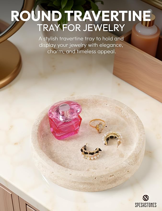 Marble Jewelry Dish 5 Inch Handmade Travertine Ring Holder - Trinket Tray for Vanity & Aesthetic Room Decor, Stone Key & Candle Plate for Entryway Table