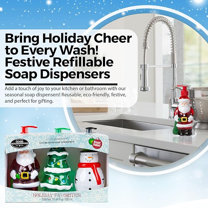 Simple Pleasures Snowman, Santa & Christmas Tree 3 Pack: Holiday Apple, Balsam Fir & Snow Scented Decorative Refillable Soap Dispensers for Kitchen Countertops and Bathroom Sinks