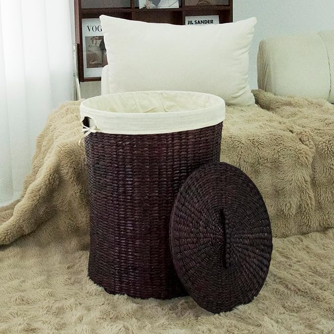 Hand-Woven Wicker Laundry Basket with Lid, 20 Gal (75 L) Large Laundry Hamper with Removable Liner for Laundry Room and Home Decor, Artisan Dark Coffee (21"H x 15.7"D)