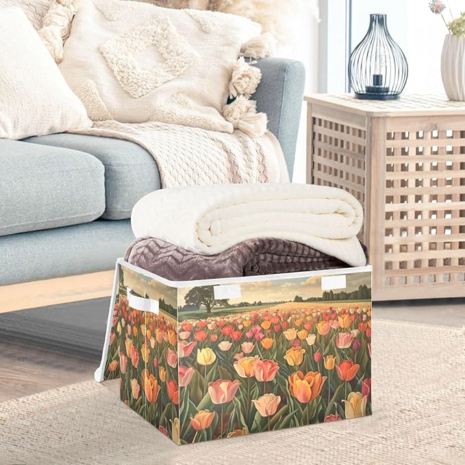 Collapsible Storage Bins with Lids Decorative Fabric Storage Cubes Closet Organizer and Storage Basket Boxes Containers for Clothes Box Chest Nursery Folding Rectangle Tulips Orange