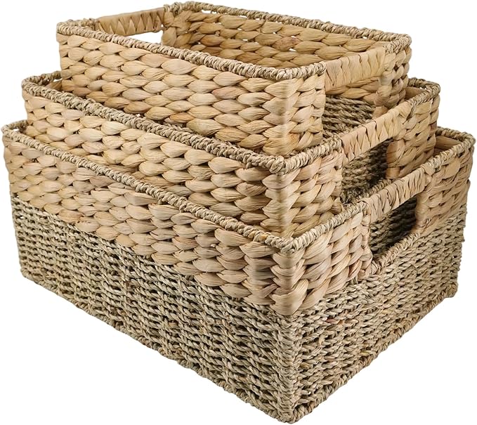 YAHUAN Natural Water Hyacinth & Seagrass Woven Storage Baskets â Wicker Storage Basket Organizer Bins with Handles for Home & Office Pantry Shelf (Set of 3)
