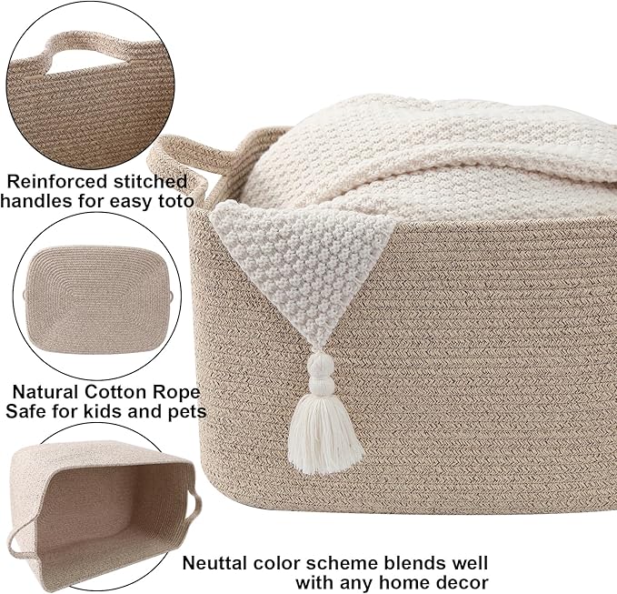 Magazine & Newspaper Baskets,Large Woven Rope Blanket Basket,24"x16"x15"Storage Bin with Handle,Toys Storage,Laundry Basket for Home Organization/Living Room/Nursery/Bedroom,Brown