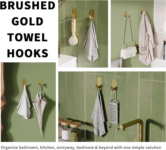 Adhesive Towel Hooks for Bathrooms 2 Pack Brushed Gold Stainless Steel and Zinc Alloy Sticky Wall Hooks for Hanging Heavy Duty Self Adhesive Robe Shower Hanger for Kitchen, Closet, Cabinet, Door