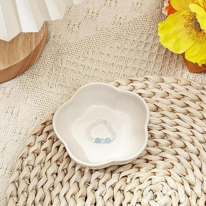 Koythin 2-Piece Small Trinket Dish, Ceramic Jewelry Ring Dish, Flower Key Holder Bowl for Women, Decorative Plate Tray for Dresser, Home Decor Organizer Trinket Tray (Five Petal Flower, White)