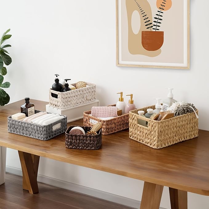 GRANNY SAYS Storage Baskets for Shelves, Waterproof Basket Set for Organizing, Toilet Wicker Basket Tank Topper, Wicker Baskets with Handles, Dark Brown, 3-Pack