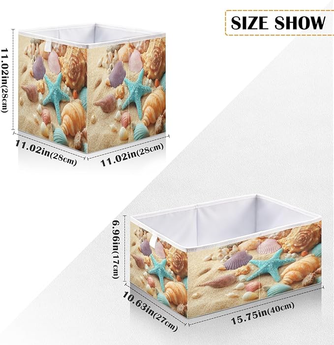 Blueangle Shells on Summer Beach Cube Storage Bin, 11 x 11 x 11 in, Large Collapsible Organizer Storage Basket for Home Décor
