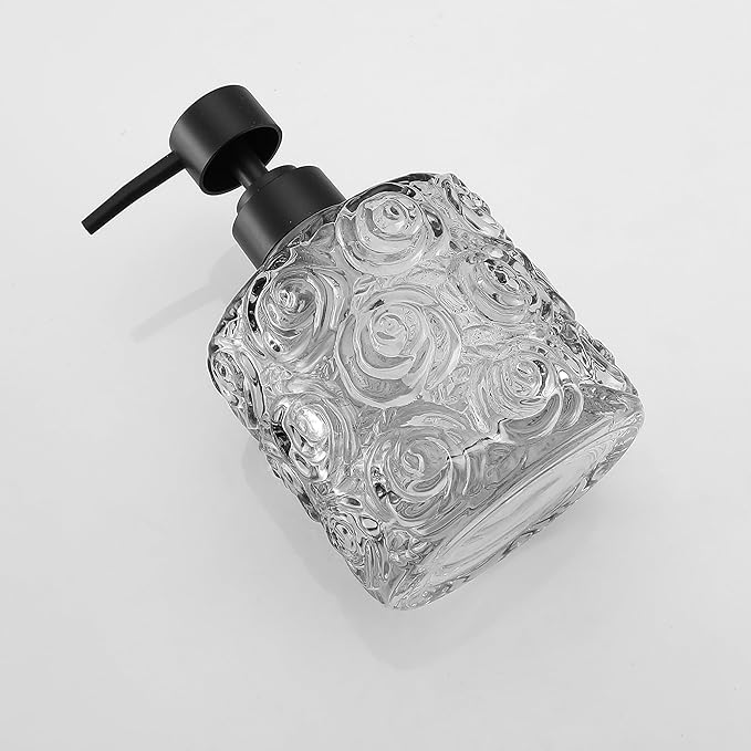 Marcella Glass Soap Dispenser with Soap Pump, Refillable 14 Ounce Capacity, Floral Design Rose Patterns, Heavy Weight Thick Glass for Bathroom, Premium Kitchen Soap Dispenser Gray