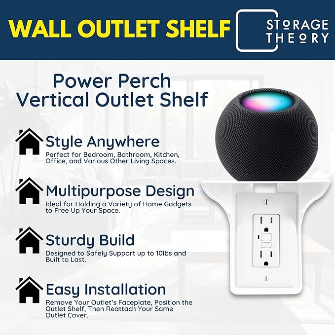 BeraTek Power Perch Wall Outlet Shelf with Cord Storage Strap - Declutter & Reclaim Counter Space - Alexa Holder, Charging Stand, Apple Homepod Mini Wall Mount - White, 1-Pack