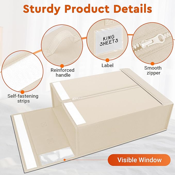 4 Pack Bed Sheet Closet Organizers and Storage,Sturdy Foldable Storage Containers with Window and Label,Storage and Organization for Bedding Sheets,Duvet Covers,Blankets (Beige)
