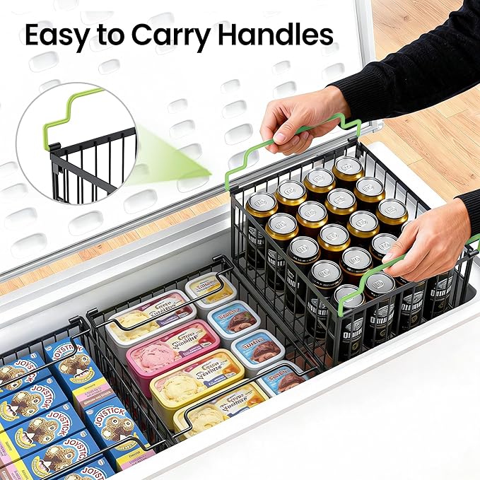 Freezer Organizer Bins, 3 Pack Big Stackable Deep Chest Freezer Organizer Bins, Foldable Baskets with Handles, Black Storage Container Baskets for 5 to 9 Cu.FT Deep Freezer Sort Frozen Meats