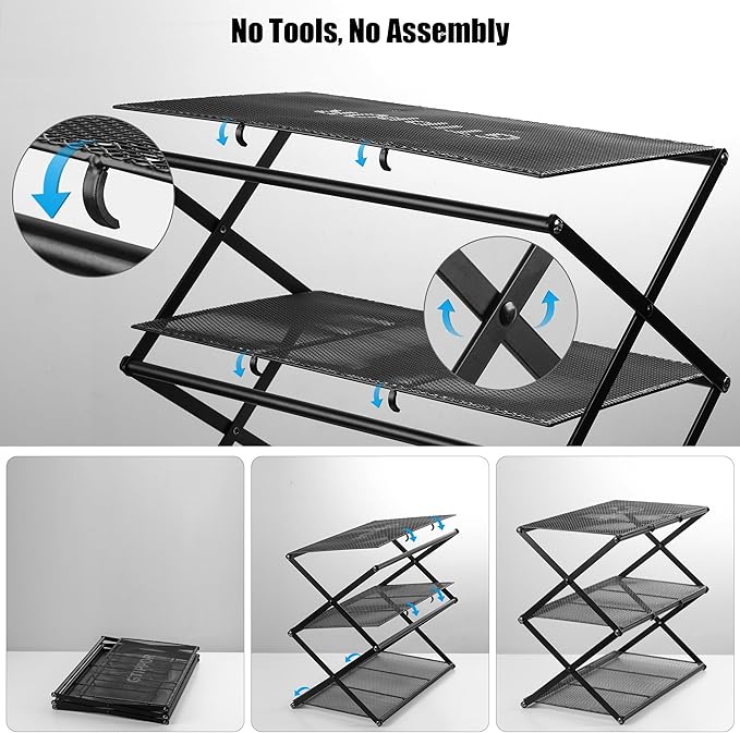 Shoe Rack for Entryway 4 Tier Foldable Shoe Rack Without Assembly Collapsible Metal Shoe Organizer Folding Shoe Storage Rack for Door, Living Room, Black