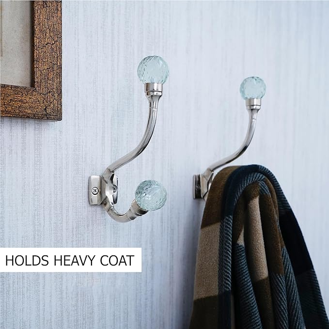 Indian Shelf Pack of 6 Heavy Duty Double Prong Crystal Decorative Coat Hooks Unique Clear Coat Rack Wall Mount Glass Wall Hooks for Hanging Towel Holder Backpack Purse Hanger- Style 21