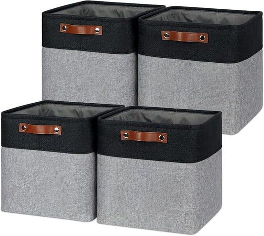 Temary Storage Baskets 12x12 Fabric Cube Storage Bins, 4 Pack Large Baskets with Handles, Baskets for Organizing Towels, Blankets, Collapsible Storage Basket (Black&Gray)