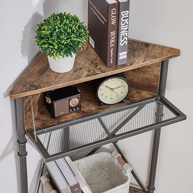 VECELO Corner Cabinet/Table, 3-Tier Display Shelves with Protection Door, Metal Frame Storage Shelf Organizer for Small Space, Living Room, Kitchen, Bathroom
