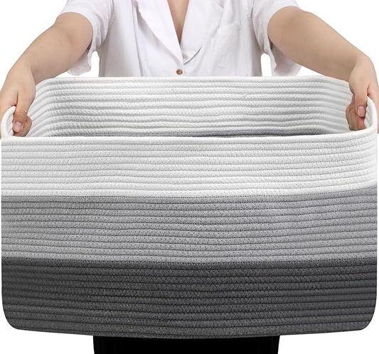 75L Large Blanket Basket, Woven Storage Baskets with Reinforced Handles, Rope Laundry Basket for Living Room, Bedroom, Nursery, Toys, Clothes,Pillows, 22â x 17â x 11.5â, White & Grey