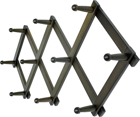 Dseap Accordion Wall Hanger: 16" High Wooden Expandable Coat Rack,Hat Rack,Accordion Hook Wall Mount for Baseball Caps,Coats,10 Peg Hooks,Dark Walnut