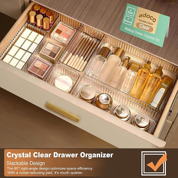 7 PCS Clear Drawer Organizers Bins, 4-Size Stackable Makeup Vanity Drawer Organizer Trays, Acrylic Bathroom Drawer Organizer Storage Containers for Cosmetic,Office Supply
