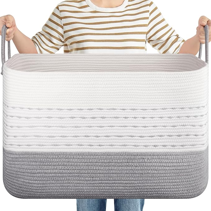 XXL Large Blanket Basket for Living Room, 108L Woven Storage Baskets for Organizing, Rectangle Cotton Rope Basket Toy Chest With Handles-Grey & White